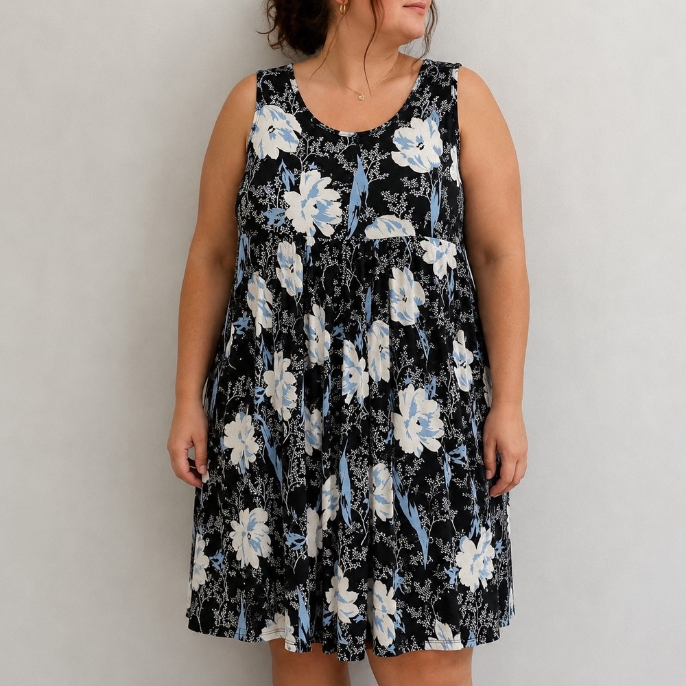 Jouica Blue Black Floral Sleeveless Knit Dress 2XL Cottagecore Summer Casual